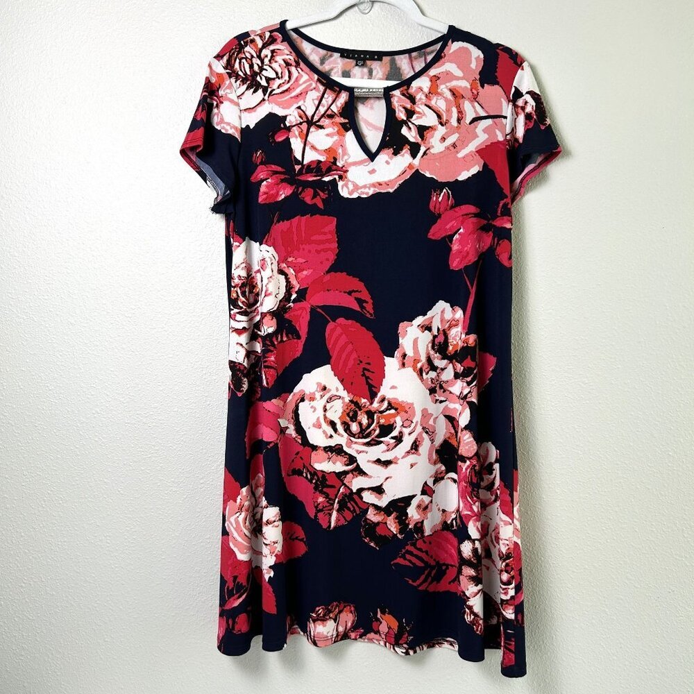 Tiana B Dress Womens Size 12 Black Pink Floral Pullover Short Sleeve Knee Length